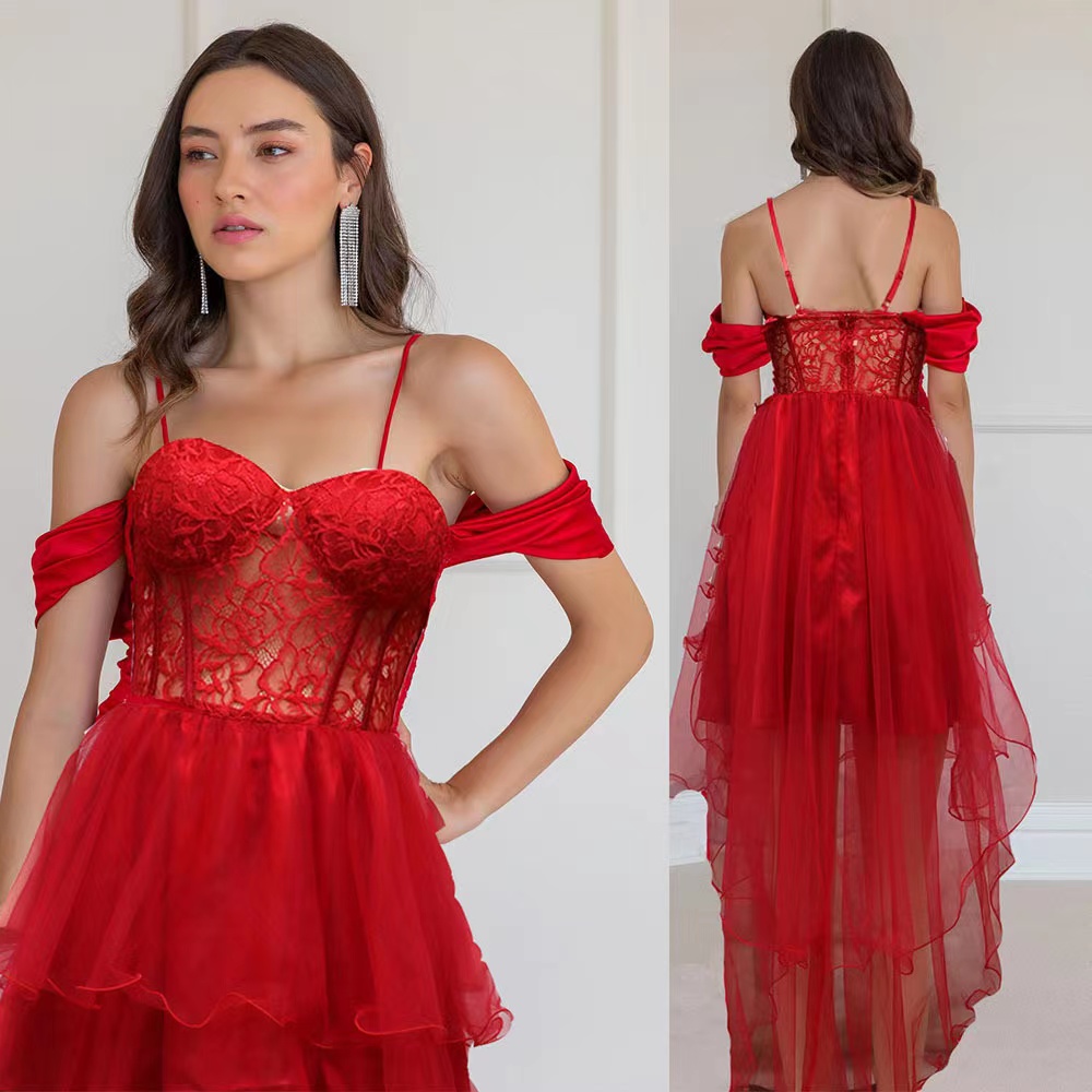 red Evening Prom Dresses Arabid Dubai Sexy A Line Off Shoulders Pleats Ruffles Long high low lace Party Occasion Gowns Vestidos de fiesta wed dre