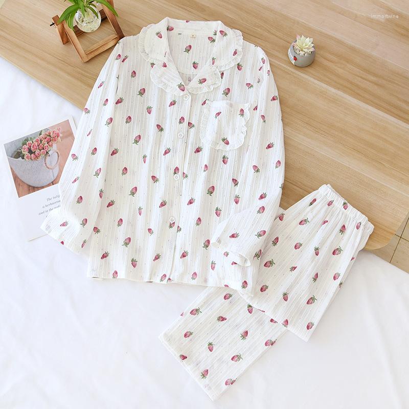 

Women's Sleepwear 2 Pieces Woman Pajamas Cotton Set Summer Leisure Kawaii Strawberry Printing Long Sleeve Homewear, White florets