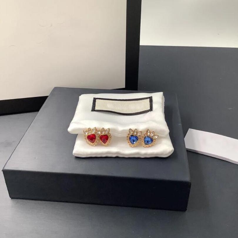 

Fashion Women Earrings Gold Color Blue Red Love Heart Charm Pendant Earring Stud High Quality Copper For Female Lady Luxury Designer Jewelry Gift With Box