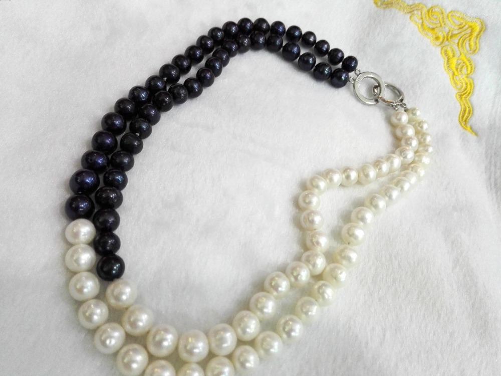 

Chains Women Classic Jewelry 2 Rows Necklace 10mm White Black Pearl Mixed Real Natural Freshwater 18'' 45cm