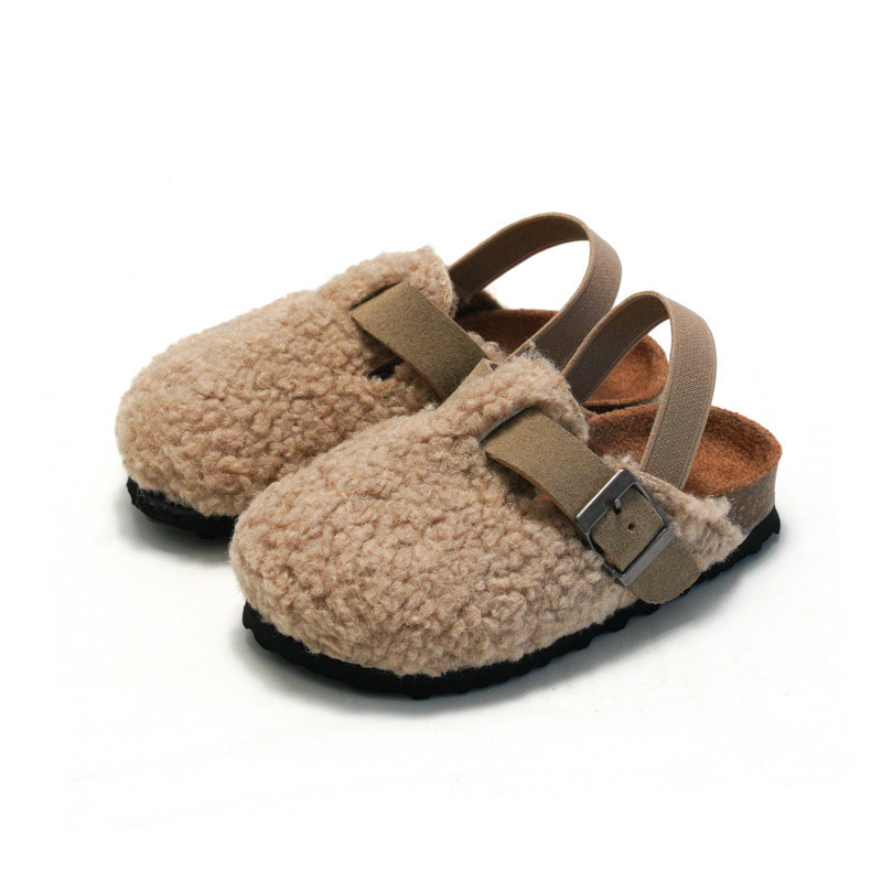 

Slipper Child Baby Boys Girls Warm Fuzzy Slipper Plush Sandals Cork Faux Fur Flats Toddler Prewalker Slipper Elastic Back Strap 230213, Apricot