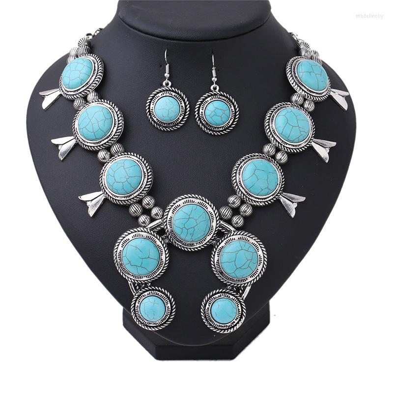 

Chains Cross-border Fashion Necklace Women's Geometric Turquoise Pendant Blue Inlay