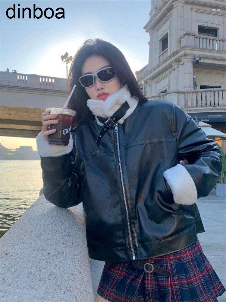 

Women's Leather Dinboa-faux Fur Coat Women Fall Winter 2023 Loose Thicken Warm Zippers Casual Streetwear Locomotive Vintage Tops, Black