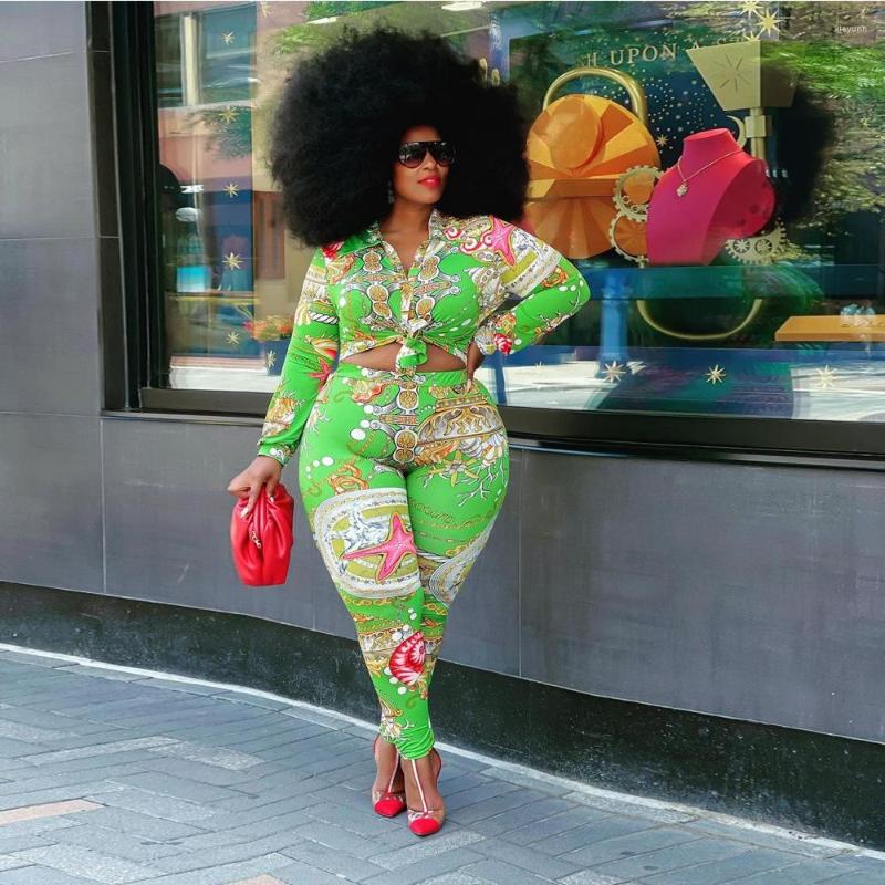 

Tracksuits ChocoMisty-LadyPlus Plus-size Sets Shirt Collar Pattern Printed Pants Set AT19217, Green