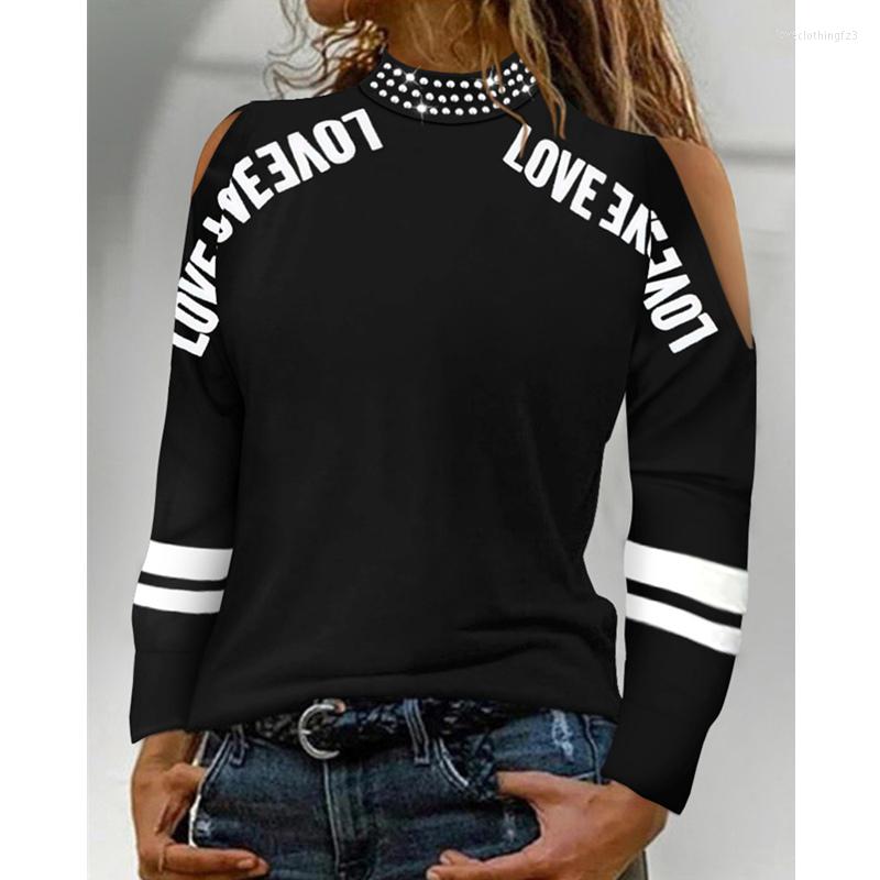 

Women' T Shirts Women Elegant Fashion Y2K Ins Letter Print Long Sleeve O Neck Loose T-shirt Streetwear Cold Shoulder Rhinestone Decor Top, Black