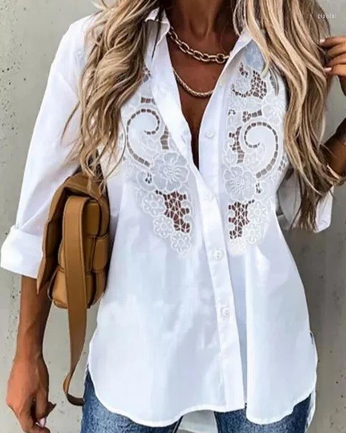 

Women' Blouses Casual Contrast Lace Long Sleeve Button Down Shirt Plain White Daily Elegant Work Lady Women' Fashion Blouse