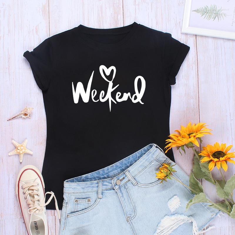 

Women' T Shirts Woman Summer Top Female O-neck Shirt Happy Weekend Letter Tshirt, Black