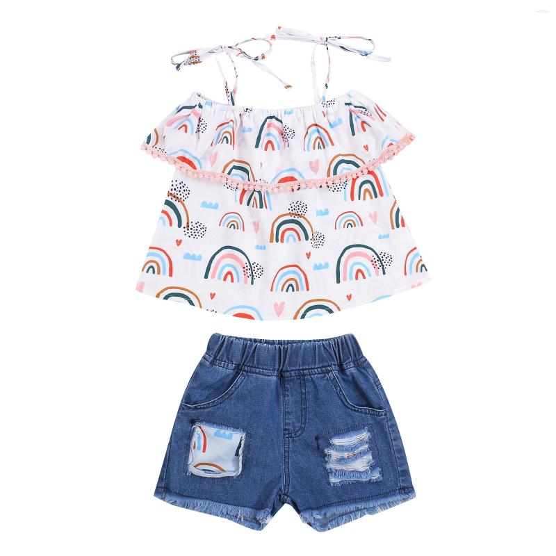 

Clothing Sets 1-6Y Toddler Kids Baby Girl Strap Rainbow Print Shirt Tops Denim Shorts Jeans 2PCS Outfits Summer Clothes Set, Picture shown