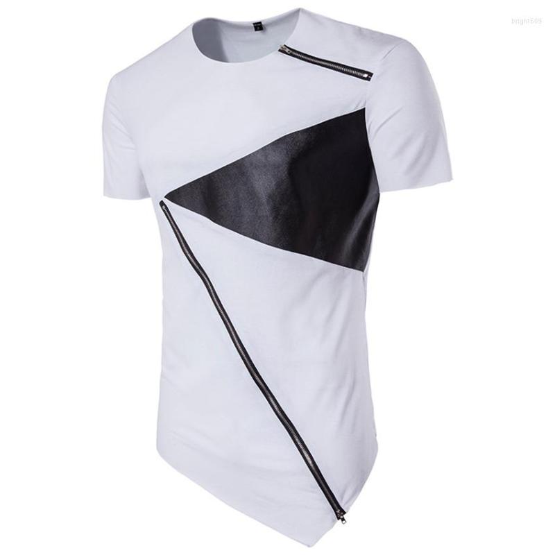 

Men' T Shirts Men Leather Patchwork Shirt Male Irregular Hem Patch Neck Zipper T-shirt Hipster Streetwear Clothes, Black