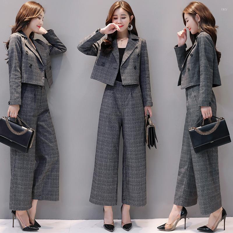 

Women' Two Piece Pants Blazer Tops Women Clothing Short Suits And Long Trousers Set Grid Vintage Pant Sets Jackets 2 Pieces Work Office, Khaki