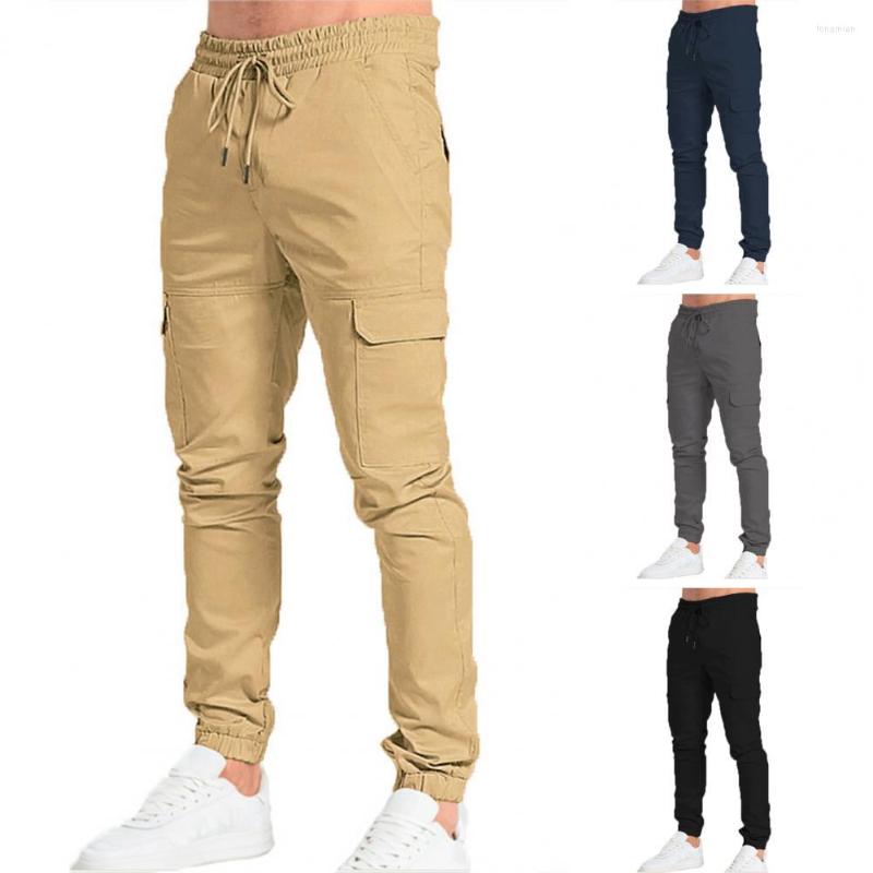 

Men' Pants Drawstring Men Cargo Ankle-banded Multiple Pockets Trousers Solid Color Elastic Waist Slim Fit Casual Sports, Army green