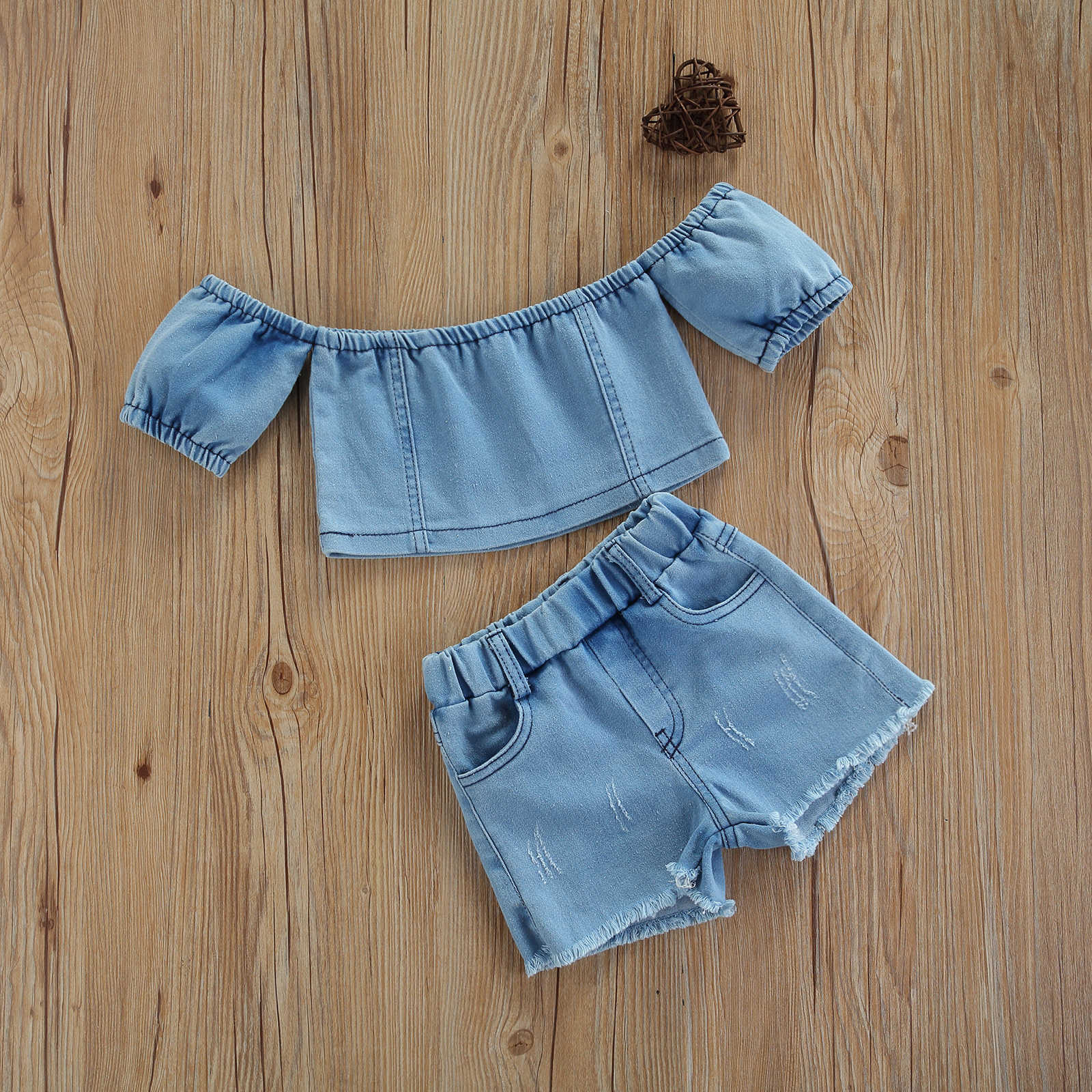 

Clothing Sets Pcs Toddler Summer Outfit Suit Denim Solid Color Strapless Crop TopsElastic Waist Shorts Clothes Set for Girls, Sky blue