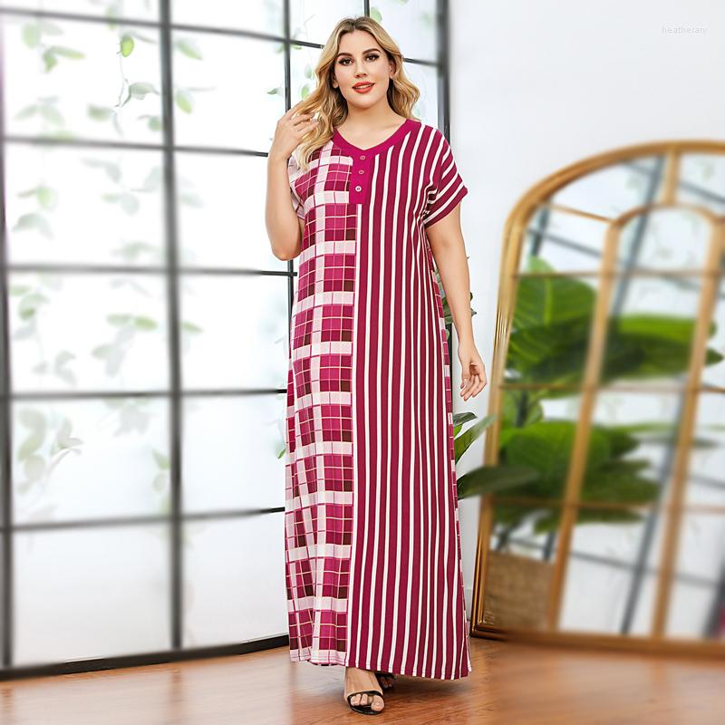 

Ethnic Clothing Comfortable Print Plus Size Stripe Dresses For Women Summer V Neck Short Sleeve Maxi Long Dress Casual Arab