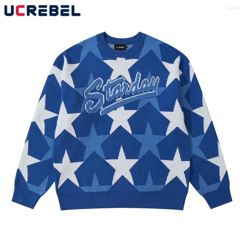 

Men's Sweaters Five-pointed Star Jacquard Knitted Sweater Mens Letter Embroidery Loose Long Sleeve Winter Round Neck Casual Pullover Men, Black