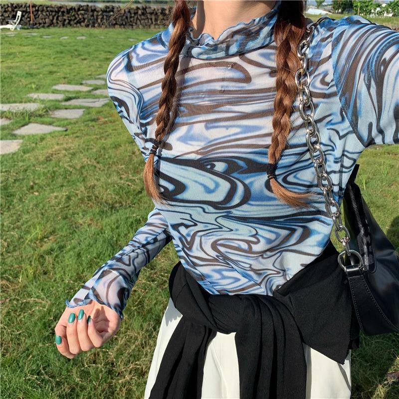 

Women's T Shirts Futuro Cool Mesh T-shirt Women Tops Summer 2023 Long Sleeve O Neck Bottom Shirt Female Hip Hop Top Streetwear Clothing, Blue