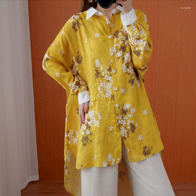 

Women's Blouses Yellow Oversized Shirts Women Cotton Linen Tops Casual 2023 Spring Vintage Print Floral Loose Irregular Long Top Blusas, Photo color