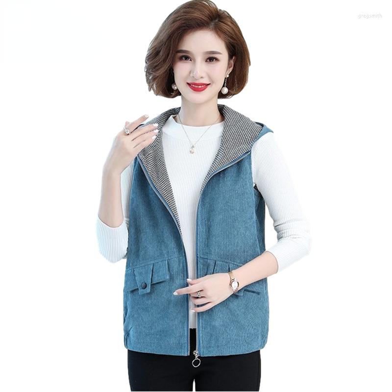 

Women's Vests Spring Autumn Corduroy For Women Hooded Sleeveless Female Jacket Elegant Mother Short Loose Waistcoat, White