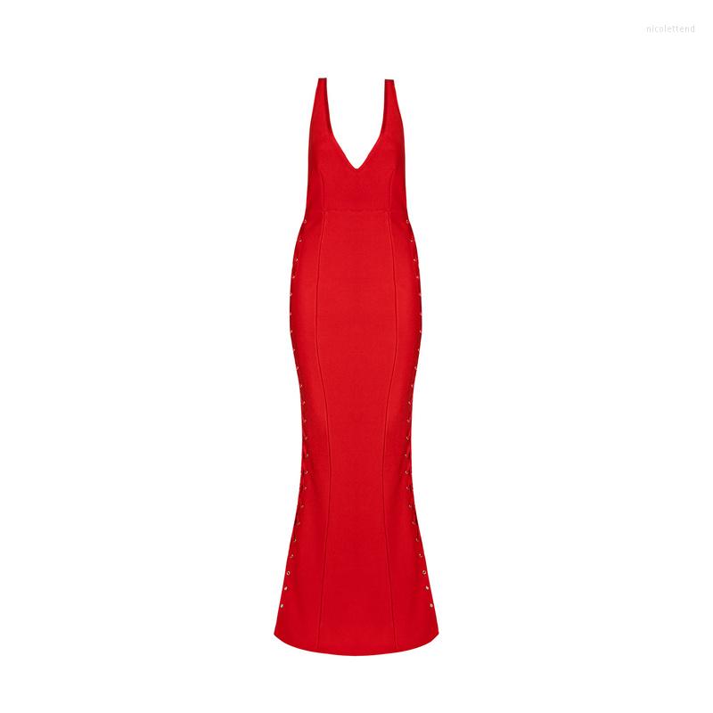 

Casual Dresses 2023 Luxury Red Black Bandage Sexy Vestidos Women Sleeveless V Neck Bodycon Evening Long Party Summer Dress