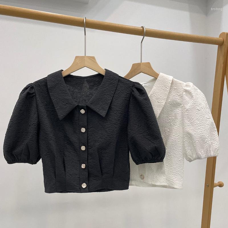 

Women's Blouses 2023 Summer Elegant Crop Tops Women Short Sleeve Blouse Shirt Black White Puff Fashion Kereaon Chic Woman