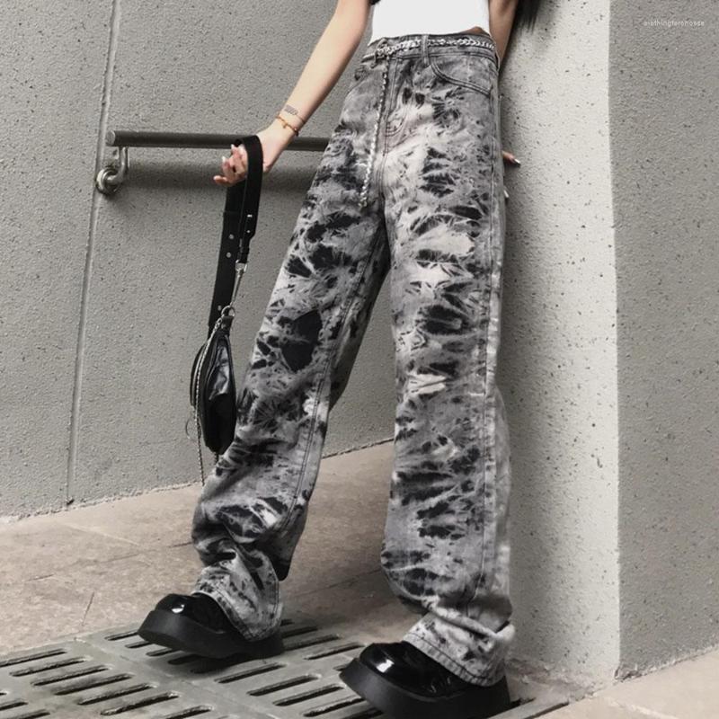 

Women' Jeans Spring And Autumn Plus Size Gray Loose Straight Fashion Women' High Waist Thin Street Harajuku Tie-Dye Denim Pants, Photo color