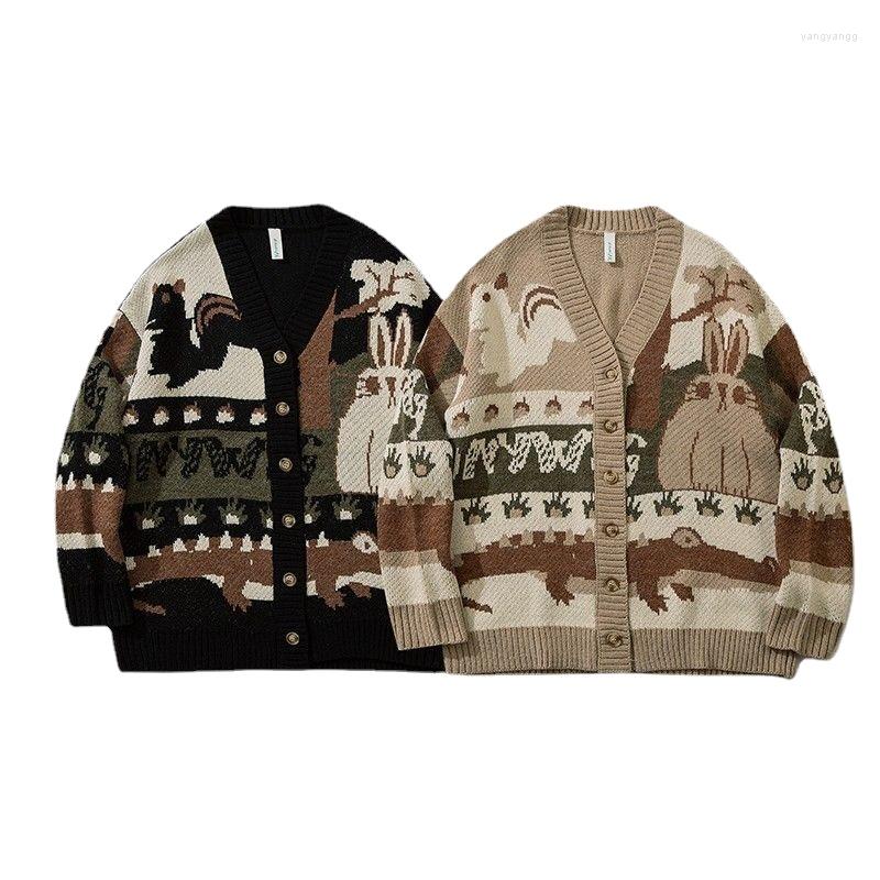 

Men' Sweaters Y2K Retro Cartoon Jacquard Cardigan Sweater Men' Tide Brand Autumn And Winter BF College Style Loose Casual Knitted, Beige