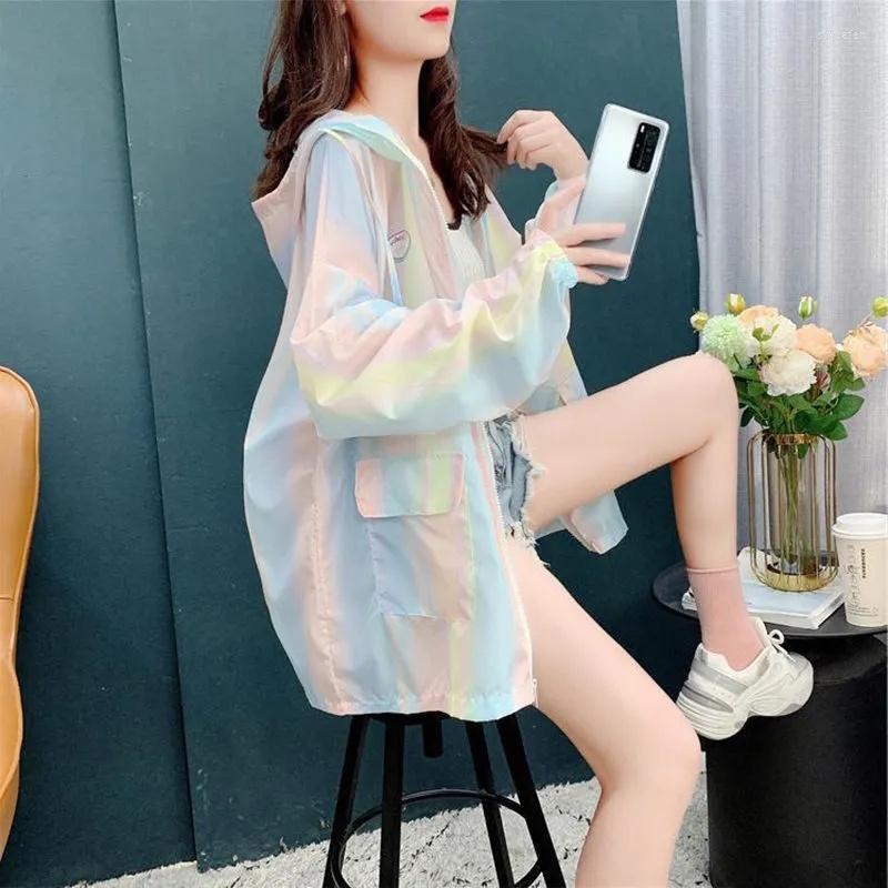 

Women' Jackets Rainbow Striped Light Hooded Sunscreen Jacket Women Spring Ice Silk Loose And Thin Long-Sleeved Cardigan Clothing, Gradient