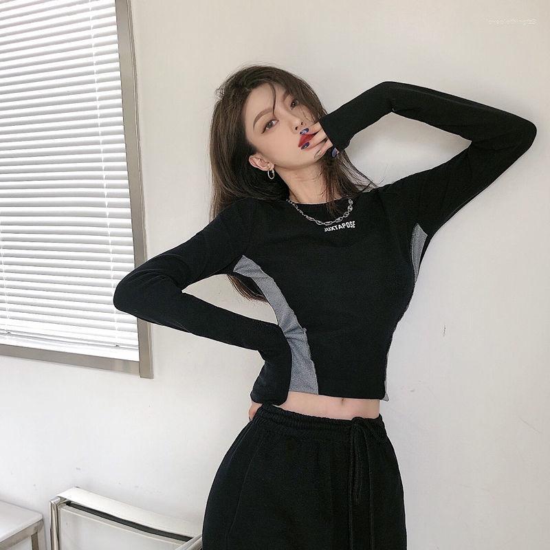 

Women' T Shirts Patchwork Shirt For Women Streetwear Gothic Long Sleeve Crop Top Y2k Slim Hip Hop Tee Femme Korean Autumn, Black