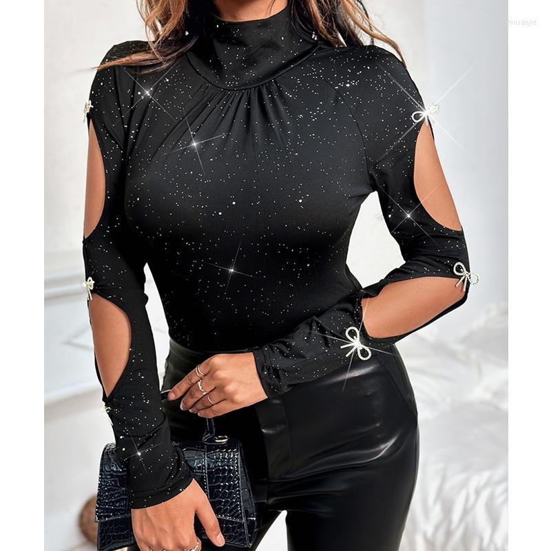 

Women' Blouses Women' Blouse Top Spring Sexy Diamond Bow Slim Fit Shirt Fashion High Collar Long Sleeve Pullover Hollow Out, Black