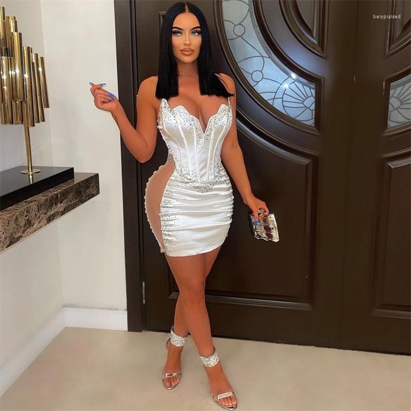 

Casual Dresses Sheer Mesh Patchwork Diamonds Mini Party Dress Women Sexy V Cut Chest Wrapping Backless Bodycon Corset Clubwear, Black