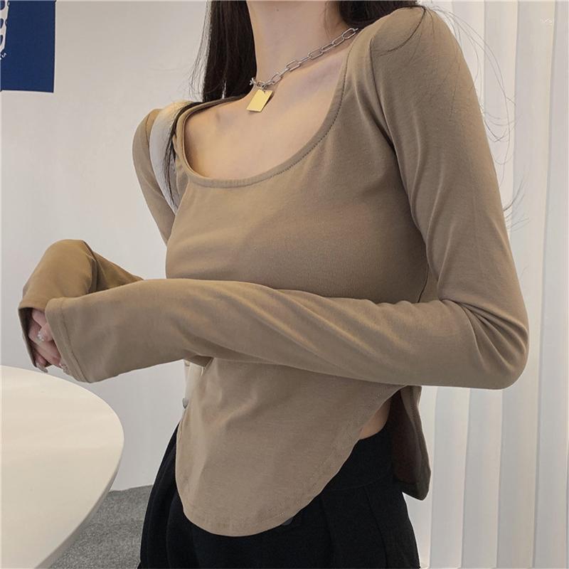 

Women's T Shirts Sexy Low Neck Irregular Solid T-Shirt Fashion Long Sleeve Women's Slim Top Casual Simple Women Bottoming Shirt 2023, Khaki t-shirt