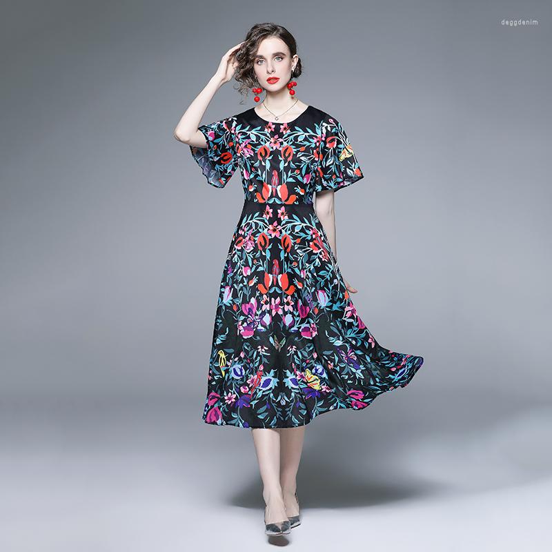 

Party Dresses 2023 Summer Floral Holiday Beach Arrival Elegant Women O Neck Flare Short Sleeve Flower Printed Black Midi Vestidos