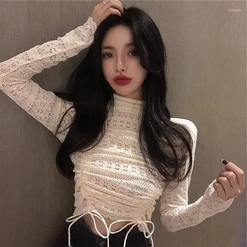 

Women' T Shirts Crop Top Lace Chic Women' Blouse Korean Style White Female Shirt Long Sleeve Spring Autumn Skinny Shirring Sexy, Beige