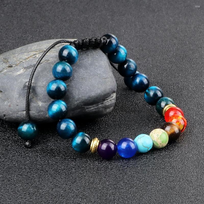 

Strand Fashion Men Bracelets Natural Stone Black Lava Tiger Eye Weathered 7 Chakra & Bangles Women Yoga Prayer Jewelry