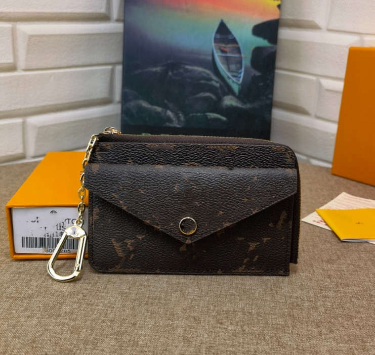 

7A Card Holder Women Genuine Leather RECTO VERSO Wallet Mini Zippy Organizer Wallet Coin Purse Bag Belt Charm Key Pouch Pochette Accessoires With box, Black flower