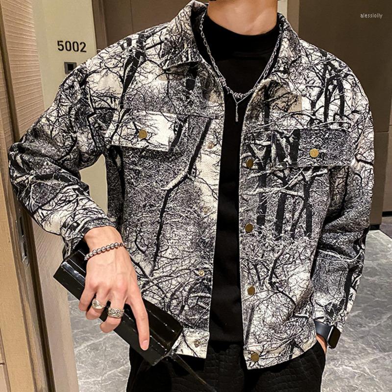 

Men's Jackets Botanical Branch Print Jacket Coats Denim Overalls Baseball Hip Hop Streetwear Stitch Stage DJ Club Bomber, Khaki