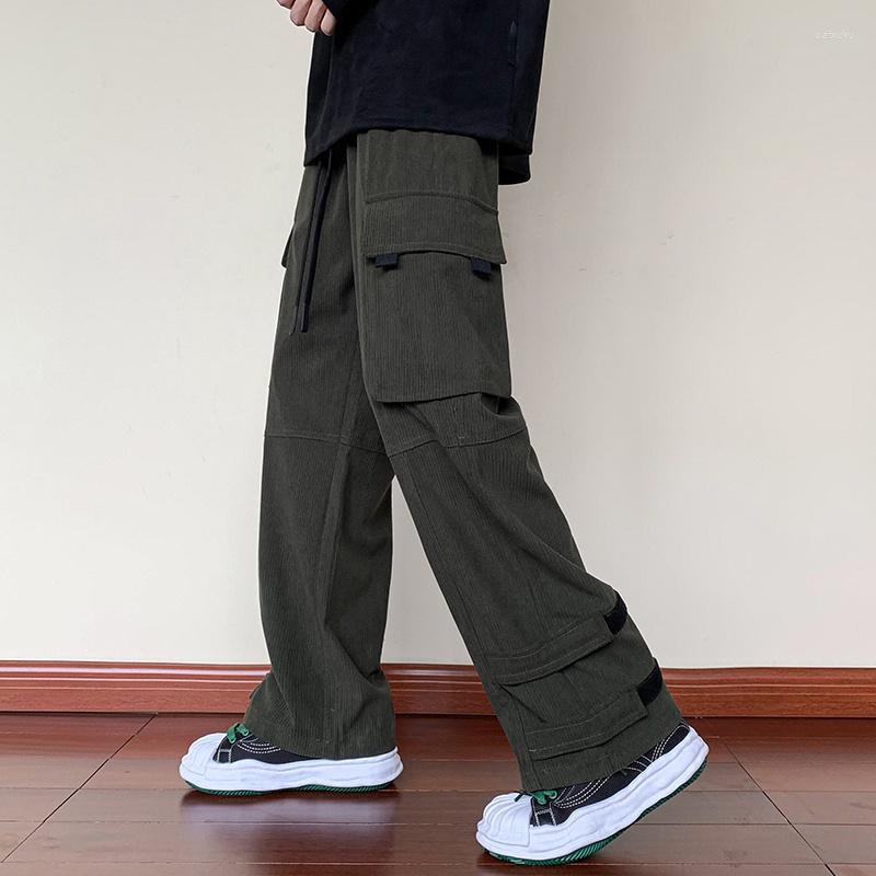 

Men's Pants Autumn Winter Men's Parachute Cargo Military Tactical Corduroy Long Trousers Fashion Wide Leg Ankle Strap Vintage Bottoms, Black