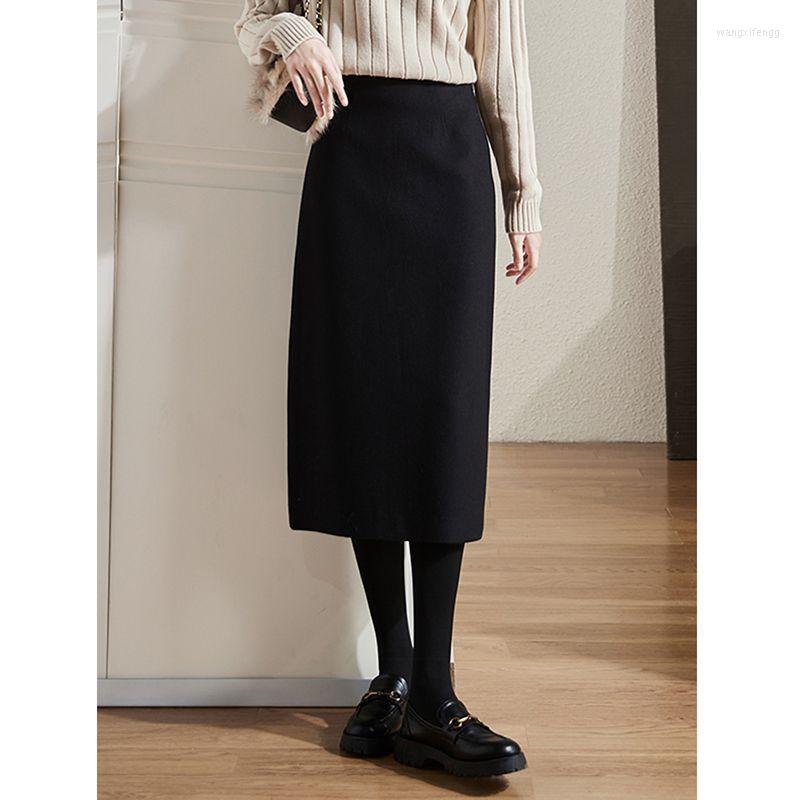 

Skirts Women' Solid Color Skirt Autumn And Winter High Waist Thin Temperament Commuting Medium Long Slit Hip Wrap, Coffee