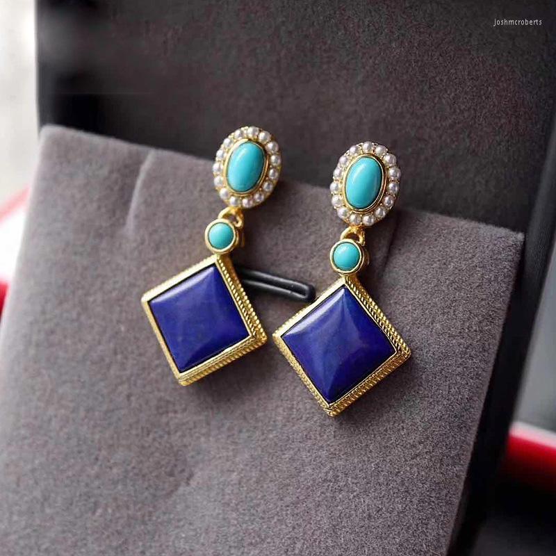 

Dangle Earrings In Square Lapis Lazuli For Women Geometric Design Vintage Turquoise Eardrop Fashion Luxury Sense Wedding Jewelry