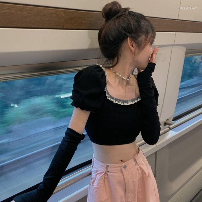 

Women' T Shirts Removable Sleeve Girls Bubble Crop Top Sweet Ruffle Korean Square Black T-shirts For Women Tee Pink Blouse