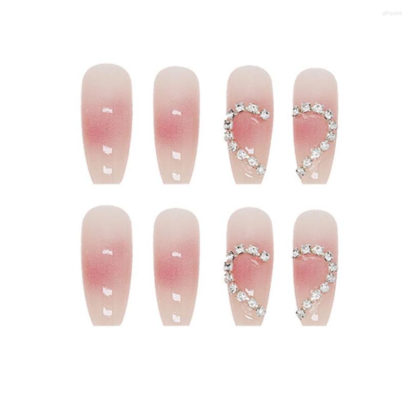 

False Nails Rhinestone Heart Decorated Long Removable Full Cover Manicure Art Nagel Tips, Jelly glue model