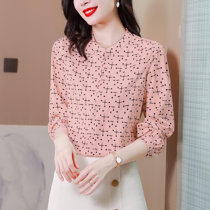 

Women' Blouses Women' Elegant Pink Print Long-sleeve Satin Silk Shirts Office Lady Work Formal Blouse Female 2023 Autumn