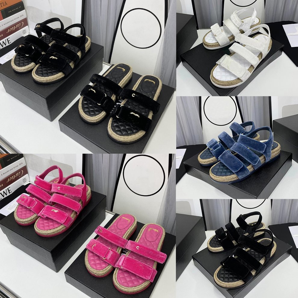 

Designer Women Sandals Hook Loop Velvet Sandal Straw Platform Slippers Ladies Classic Summer Beach Slipper Flip Flops size 35-40, Color 1