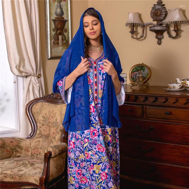 

Ethnic Clothing Eid Ramadan Floral Print Dress Women Muslim Hijab Abaya Dubai Turkey Kaftan Islamic Jalabiya Djellaba Caftan Moroccan Gown