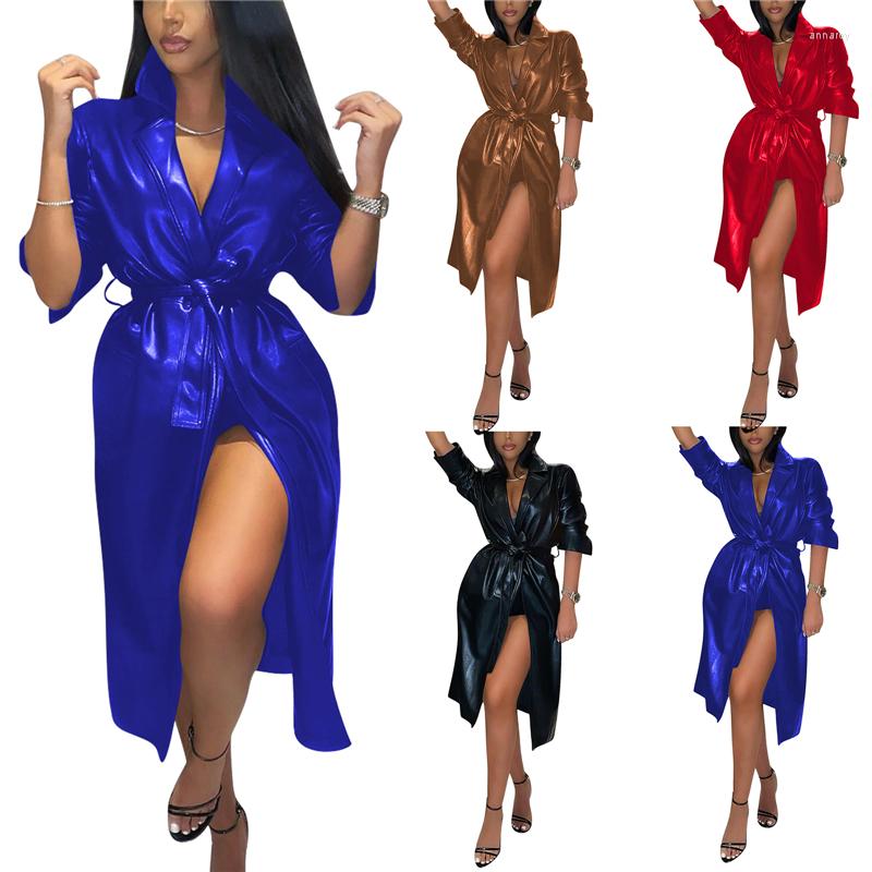 

Casual Dresses 2023 Fashion Women Solid Color Jacket Winter Long Sleeve Lapel Collar Open-front Leather Dress With Belt 5 Colors