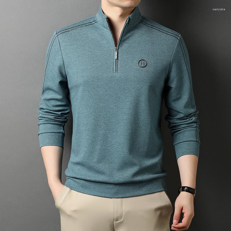 

Men's Polos Cotton Zipper Men's Polo Shirts Spring Autumn Long Sleeve Embroidery Casual Male Solid Color Man Tees 3XL, Blue
