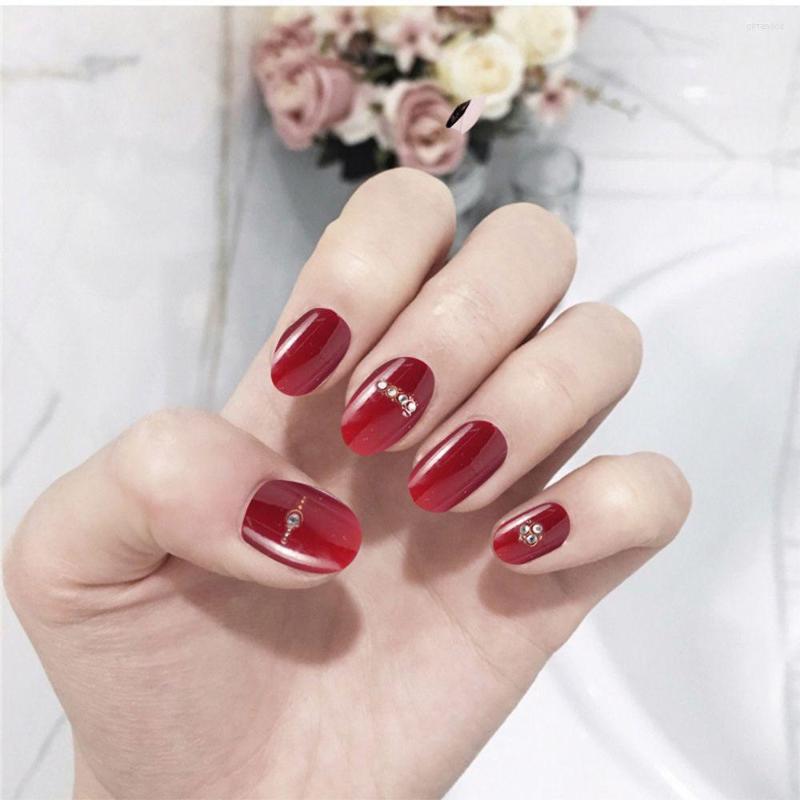 

False Nails 24Pcs/Box Rhinestone Design Red Detachable Press On Ballet Short Ballerina With Jelly Stickers Nail Art, 12