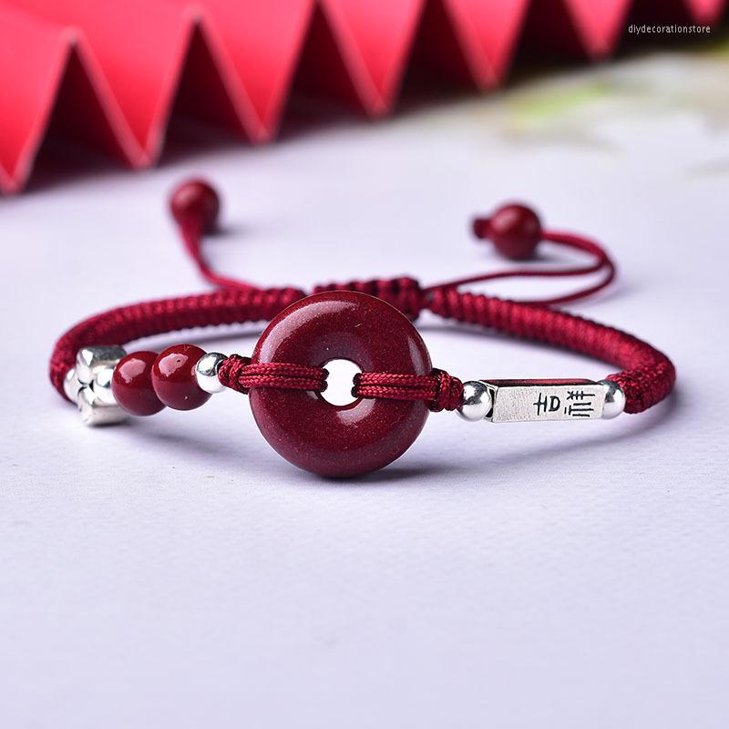 

Charm Bracelets Natural Purple Cinnabar Safety Button Handmade Tibetan Buddhist Braided Silver Color Knot Lucky Bangle Size Adjust Drop