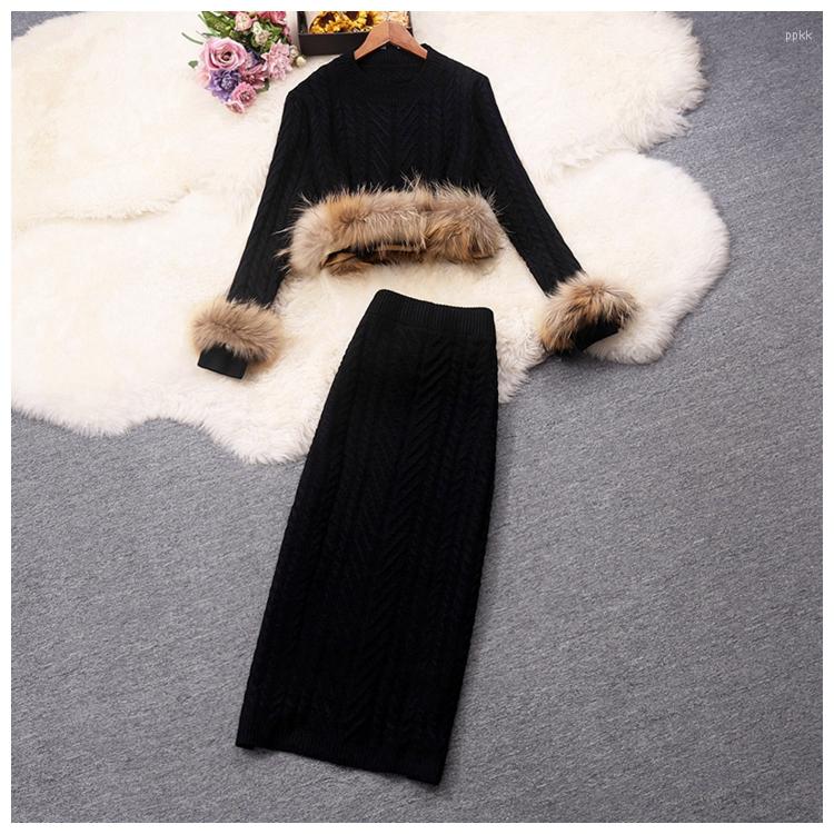 

Skirts Women's O-neck Coarse Wool Knitted Fur Patched Sweater Top And Midi Long Pencil Skirt Twinset 2 Piece Dress Suit, Black