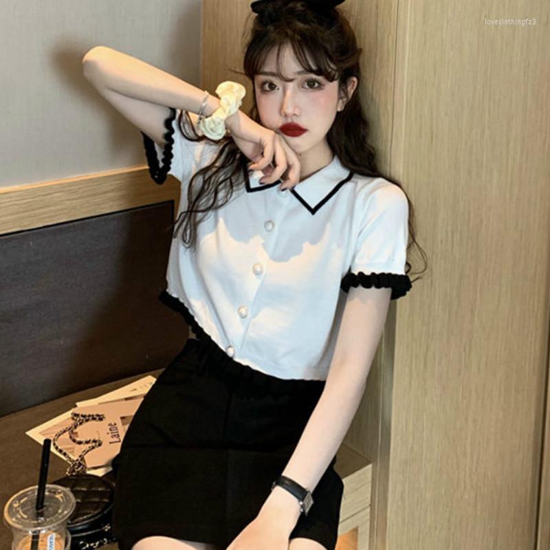 

Women's T Shirts T-shirt Women Retro Patchwork Lovely Knitting Cropped Preppy Stylish Cozy Summer Feminine Minimalist Ulzzang Ins, White