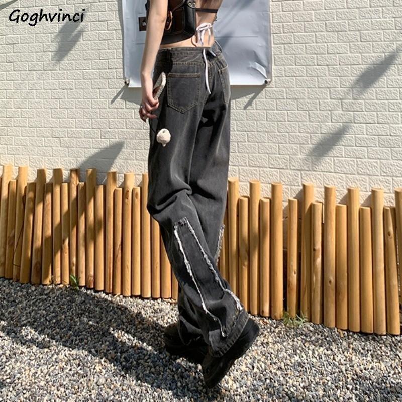 

Women' Jeans Patchwork Women Wide Leg High Waist Autumn Chic Contrast Color Boyfriend Trousers Streetwear Students Aesthetic Cozy, Gray